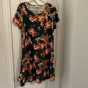Floral Midi Dress in Green and rust